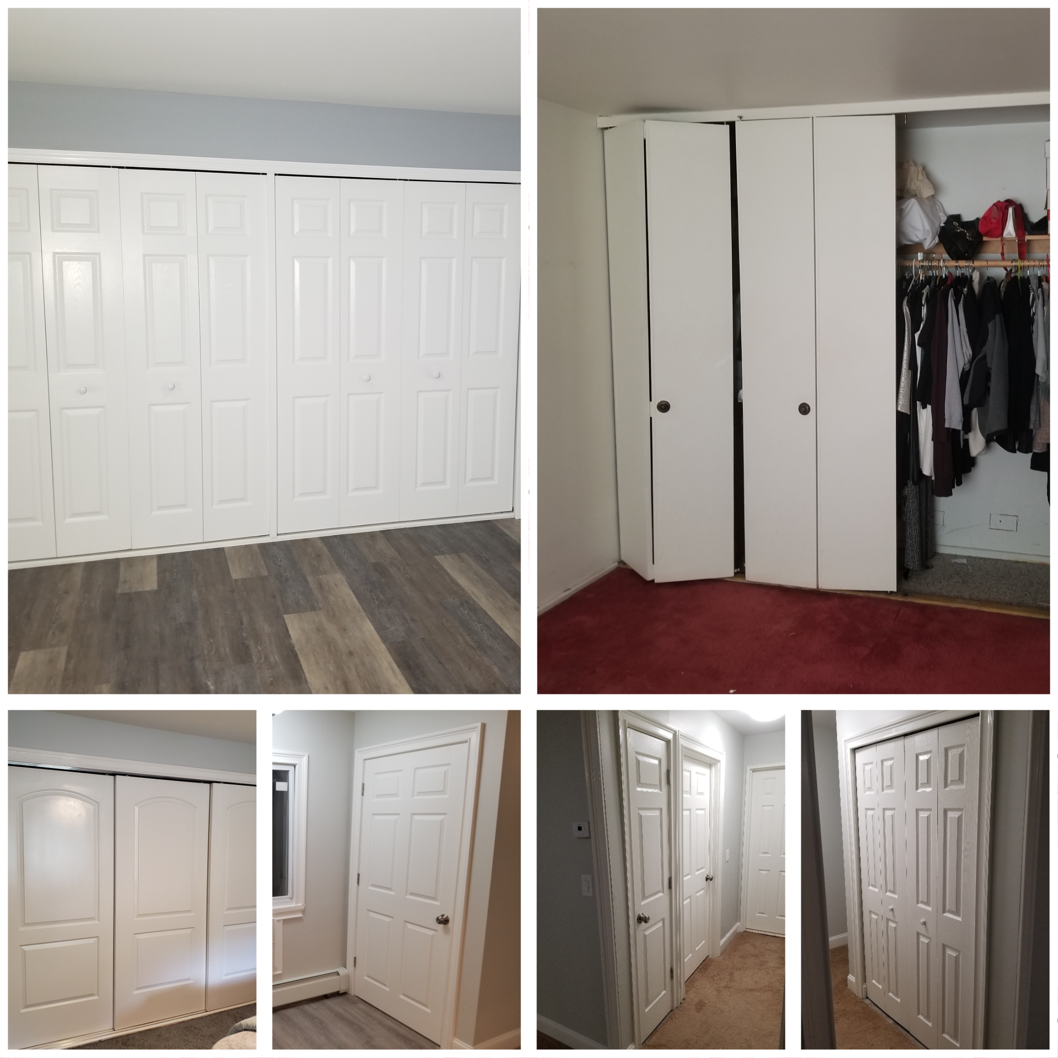 Collage of new doors and closets in remodeled rooms in Suffolk County, NY
