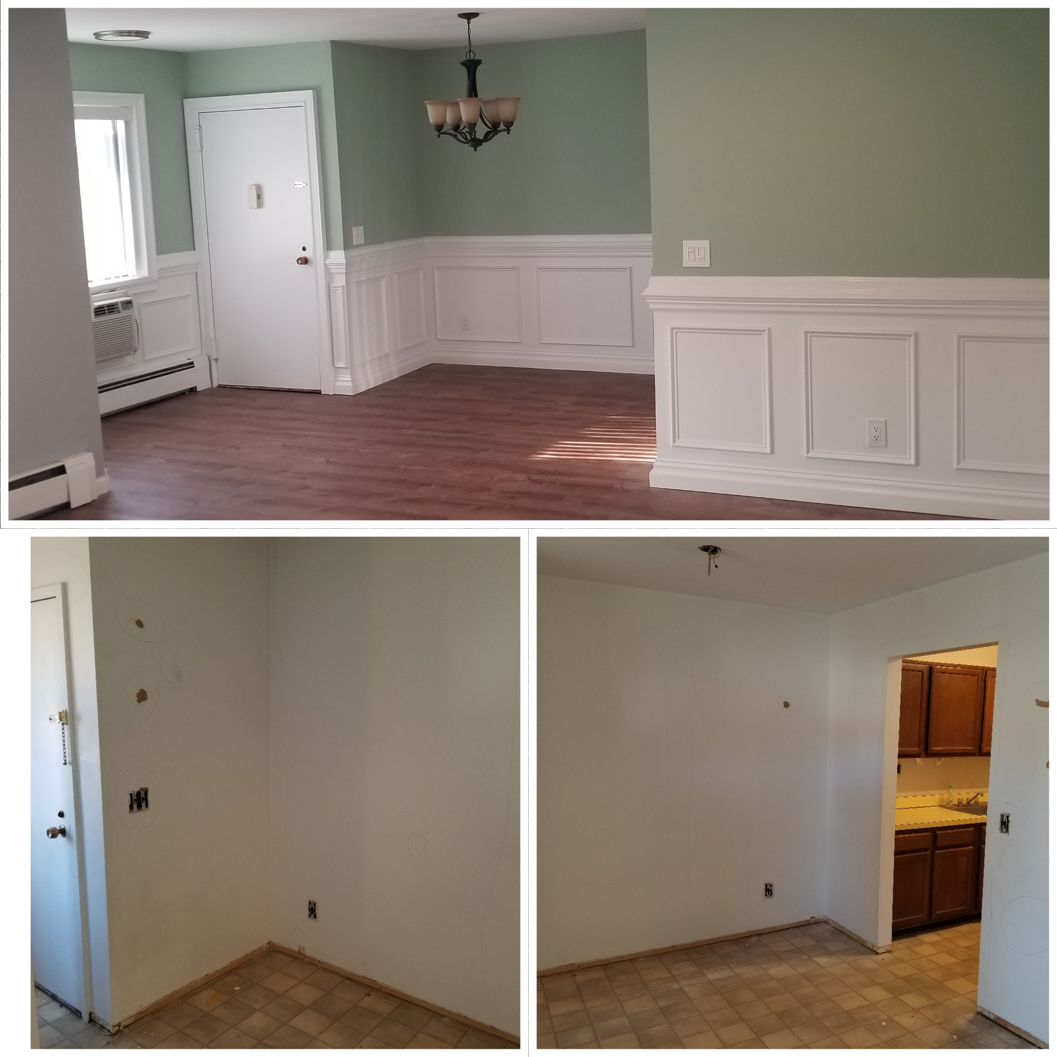 Before and after image of room with new painting, molding, and flooring in Suffolk County, NY