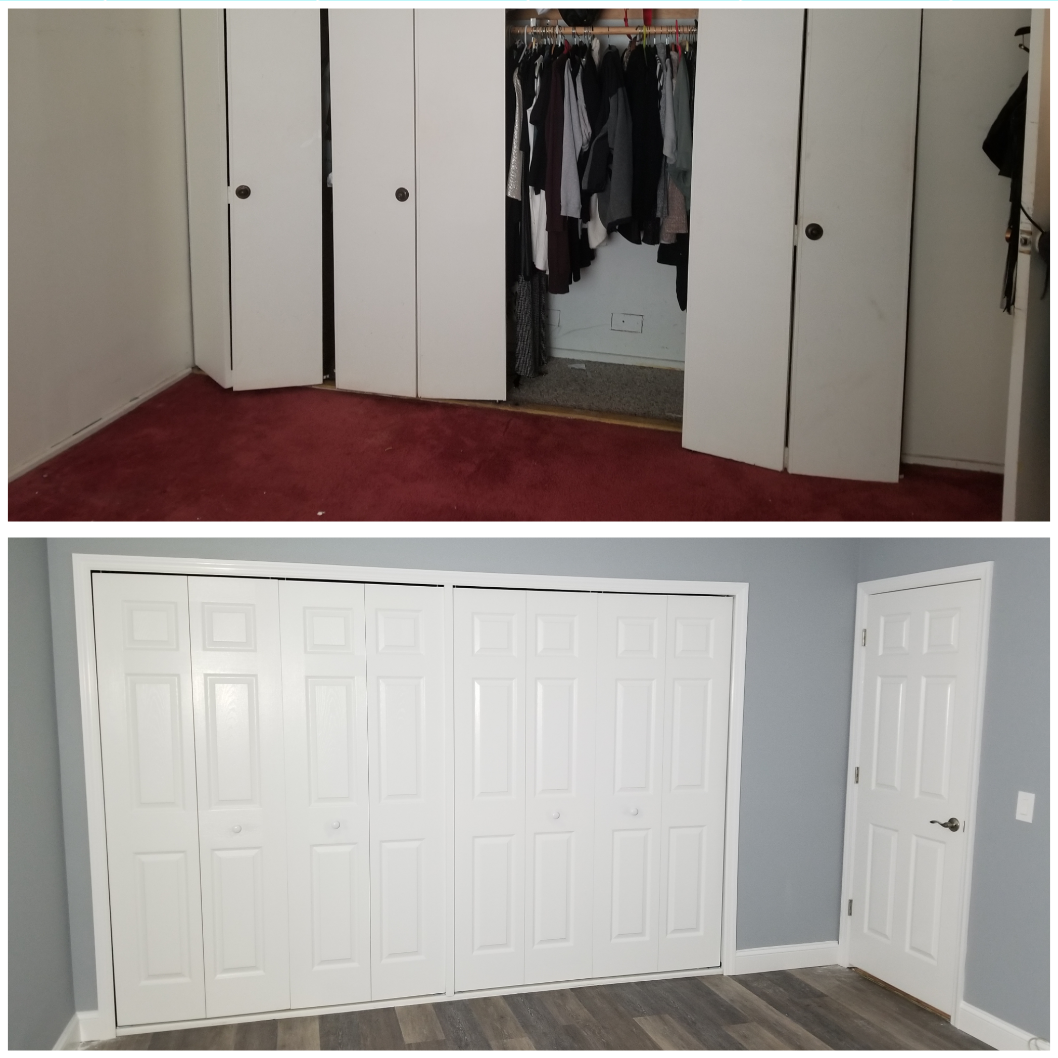 Before and after of new closets, painting, and flooring in Suffolk County, NY